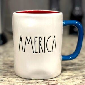 Like new Rae Dunn America mug, 2 sided, red interior